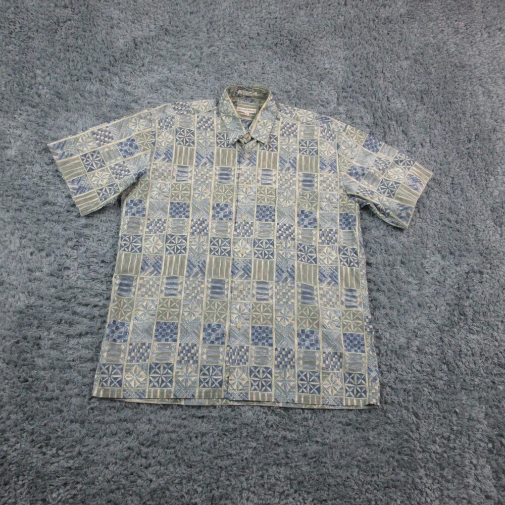 VINTAGE Burma Bibas Shirt Mens Medium Blue Green Geometric Short Sleeve 90s